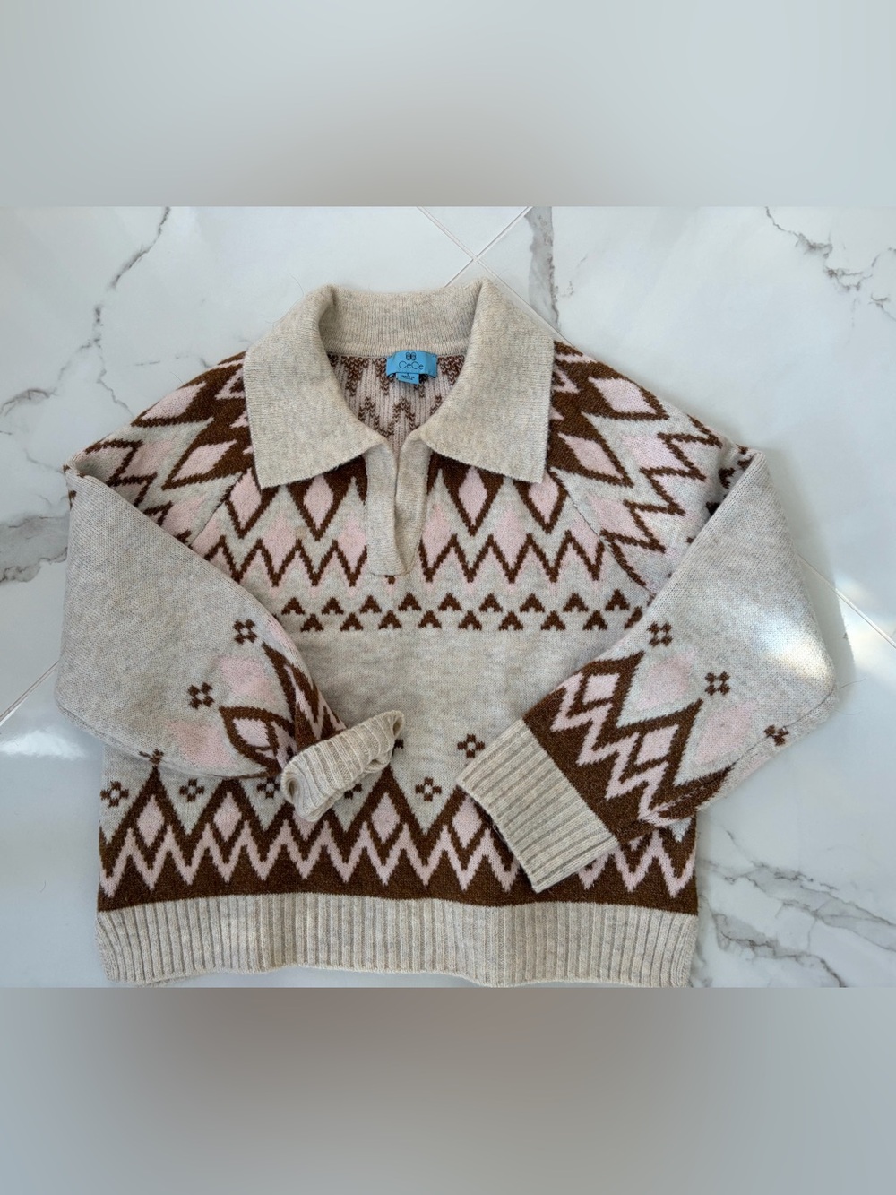 CeCe Cream, Brown & Pink Geometric Polo Sweater
